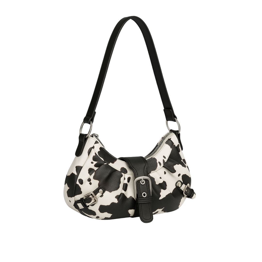 NEW! Leather Cow Print Shoulder Bag (Black)